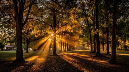Naklejka premium Golden sunbeams through autumn trees