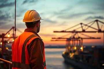 Dockworker in Safety Vest Overseeing Cargo Operations at Port

