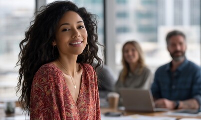 Smiling businesswoman in modern office, positive corporate team, professional collaboration, use for business success, career growth, work-life balance, workplace