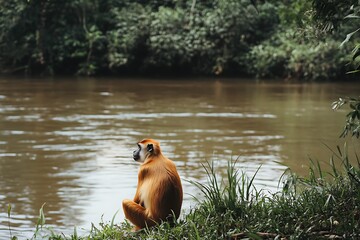 Borneo Proboscis monkey sitting by riverbank in
