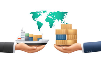 Two hands hold a cargo ship and stacks of shipping containers, illustrating the concept of international trade and the exchange of goods across borders on a global map backdrop