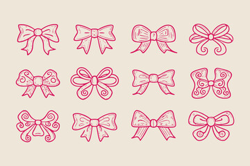 Collection of 16 hand-drawn ribbon bow illustrations in various cute and decorative styles, perfect for design, scrapbooking, invitations, and craft projects, vector illustration.