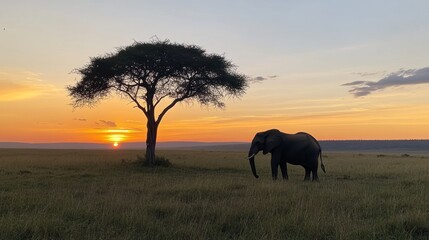 Silhouetted elephant and acacia tree at sunrise.