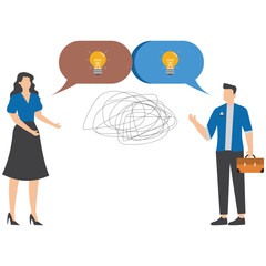 Thoughtful business people brainstorm with identical thinking bubble and lightbulb symbolizing shared ideas for planning success
