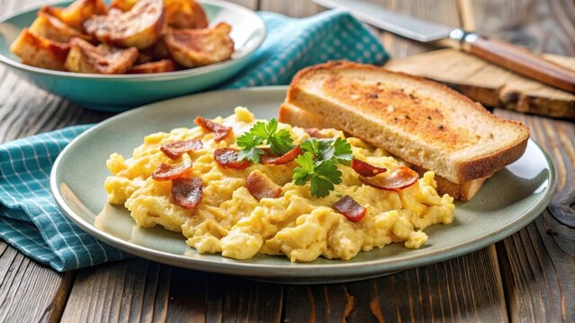 Fluffy scrambled eggs on a plate with crispy bacon and toasted bread , eggs, morning,  eggs, morning, plate