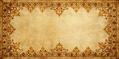 Old parchment with ornate medieval border illustrations and gold leaf accents, manuscript pages, parchment illustrations