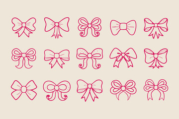 Collection of 16 hand-drawn ribbon bow illustrations in various cute and decorative styles, perfect for design, scrapbooking, invitations, and craft projects, vector illustration.