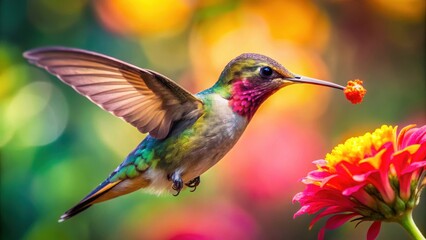 Fototapeta premium A hummingbird's wings beat rapidly as it sips nectar from a brightly colored flower, its iridescent feathers glistening in the sunlight , hummingbirds, nectar