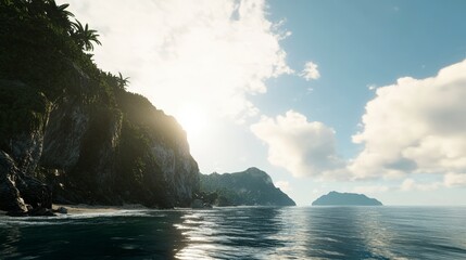 Tropical Island Paradise: Serene Coastal Scenery and Majestic Peaks