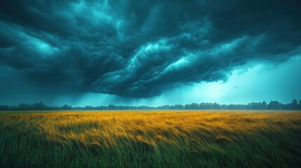 Impending storm over vast golden field with dramatic dark cloudscape