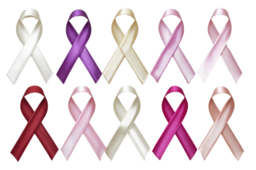 Colorful satin ribbons in a variety of shades are neatly arranged in two rows. Each ribbon represents different awareness causes, symbolizing support and unity in diverse initiatives
