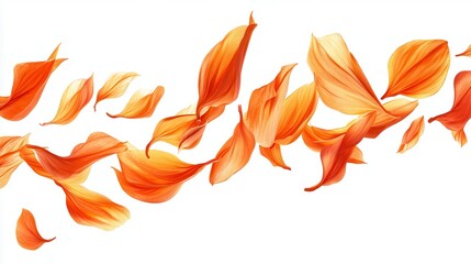Orange flower petals in motion against a white background