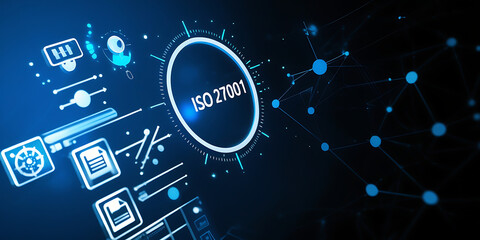 Obraz premium ISO 27001, ISO certification, ISO 27001 certified business, Information security management system. International Organization for Standardization. businessman doing ISO verification on a laptop 