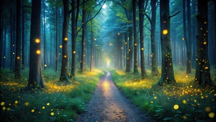 Dark forest at dusk with fireflies lighting up the trees, illuminating the path forward, dusk, darkness