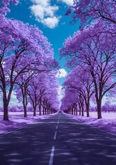 Fototapeta premium A serene journey down an ethereal purple avenue, sunlight filtering through the whimsical canopy above, inviting tranquility and daydreaming