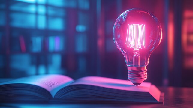 Glowing Filament Bulb on Opened Book with Blue and Pink Neon Ambient Light