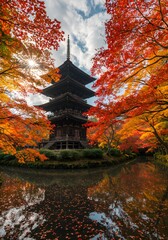 Naklejka premium Autumn serenity: The radiant pagoda reflects in tranquil waters, framed by vibrant foliage showcasing the beauty of changing seasons and timeless architecture