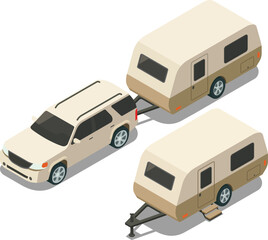Isometric caravan trailer attached to family car