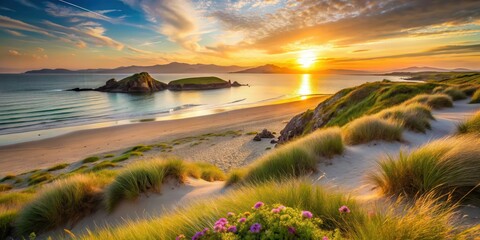 A serene beach at sunset with dunes and wildflowers on Ynys Llanddwyn Island in Anglesey, Wales, island life,  Wales, island life