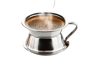 Steaming silver coffee pot with rich foamy brew a coffee bean accent and a hint of milk