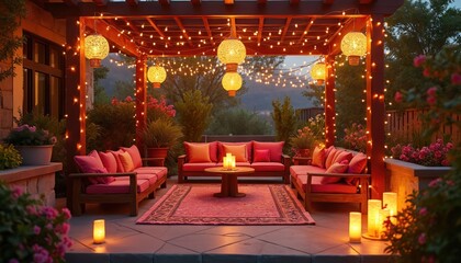 Outdoor Diwali decor with vibrant lights lanterns flowers. Cozy seating with cushions at sunset. Home patio party celebration, festive joyful atmosphere, holiday mood for Indian festival of lights.