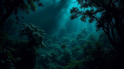 Mysterious Forest Depths: This image transports you into a verdant, ethereal forest, where shafts of light pierce through the dense canopy.