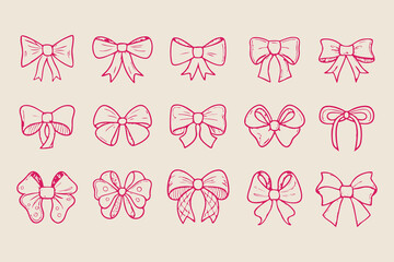 Set of 16 cute pink hand-drawn bow illustrations in various ribbon styles, perfect for decorations, invitations, scrapbooking, packaging, cards, and graphic design