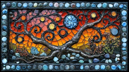 Mosaic tree with bright fruit and fiery background