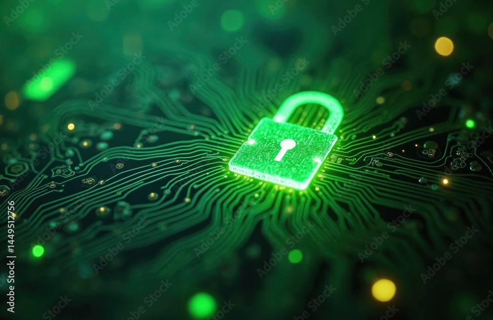 Poster cybersecurity concept image with illuminated lock on circuit board, green color. digital safety, dat