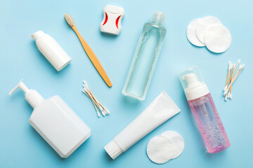 Mockup for bathing products top view flat lay, spa razor, toothpaste, soap, gel and other various accessories. Cosmetics for skin health. Bath Mockup for your logo