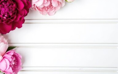 Top view of pink and maroon peonies on white wooden background with horizontal paneling and blank space