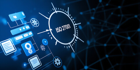 Obraz premium ISO 27001, ISO certification, ISO 27001 certified business, Information security management system. International Organization for Standardization. businessman doing ISO verification on a laptop 