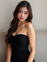 Fototapeta premium an image of a woman in a black dress posing for a picture, there is a woman in a black dress posing for a picture