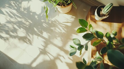 Sunlight patterns and greenery on a light-colored surface.