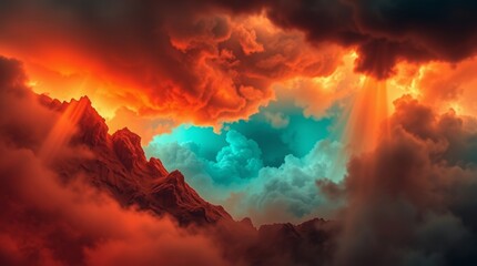 Celestial Blaze: A breathtaking panorama of an ethereal cloudscape ablaze with fiery orange hues, juxtaposed against a tranquil teal center, creating a dramatic and captivating sky.