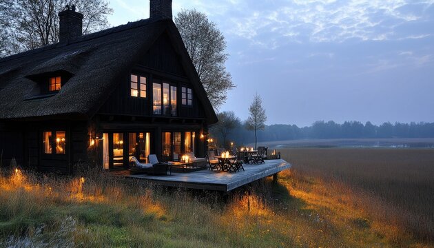 Thatched roof cabin glows warmly at dusk, lights reflecting on marsh grass. Ideal for depicting cozy getaways, nature retreats, or rustic architecture.