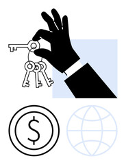 Hand grasping multiple keys symbolizing access and opportunity, alongside dollar sign and globe icons. Ideal for business, finance, investment, real estate, entrepreneurship, global trade, simple