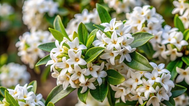 Dense cluster of fragrant white flowers on a compact Daphne odora bush, blooming in early spring , daphne odora flowers, spring bloom