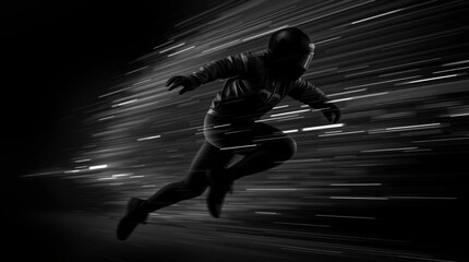 Dynamic Pursuit: A silhouetted figure in a helmet embodies speed and determination, captured in motion against a backdrop of blurred streaks, conveying an overwhelming sensation of velocity.