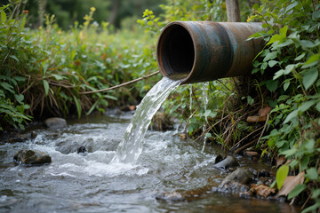 Rusty Pipe Discharging Water into a Stream, Highlighting Environmental Water Flow and Conservation Concerns