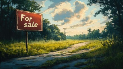 Obraz premium Empty pathway through overgrown wilderness marked for sale.