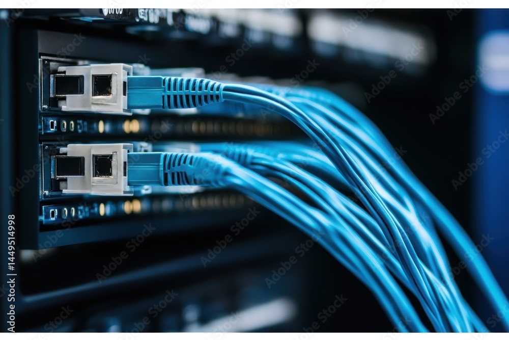 Aufkleber network cables connected to server ports in data center for high speed internet access