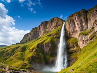 an image of a waterfall in the middle of a green valley, there is a waterfall that is flowing down a mountain side