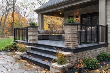 Obraz premium A beautiful outdoor living space with gray deck and cozy seating area. Use this for showcasing home improvement or outdoor design projects.