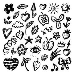 "Create a bold, hand-drawn doodle collage with a mix of playful symbols like stars, lightning bolts, eyes, hearts, crowns, flames, and musical notes. Use primarily black lines with pops of pink and gr