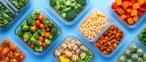 Assortment of colorful vegetables in plastic containers on a blue background for meal prep and healthy eating