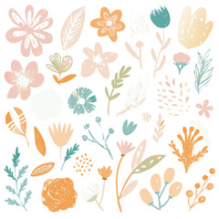 "Create a colorful floral pattern featuring a variety of flowers and leaves in shades of pink, yellow, blue, orange, and green. The design should have a whimsical, hand-drawn style with a textured, cr