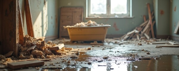 Obraz premium Flood-damaged interior with water on the floor. Demolition debris and ruined drywall show post-flood home renovation challenges. Restoration project after water damage. Repair and construction work.