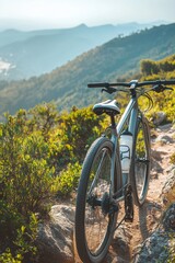 Fototapeta premium Bicycle Adventure on Mountain Trail with Scenic Vista and Natural Beauty in the Background