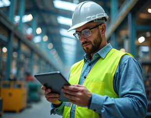 Worker in safety gear examines tablet in industrial setting. Man with helmet, glasses, high visibility vest inspects tech, data in factory. Workplace safety, digital transformation.